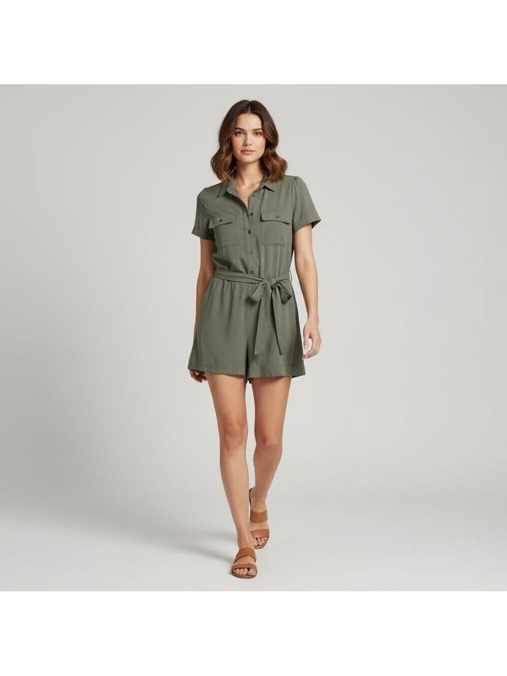 LOFT Women's Size 12 Olive Green Button-Up Romper with Cuffed Shorts + Tie Waist